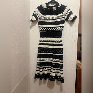 Milly Black and White Textured Stripe Midi Dress